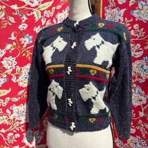Vintage Blue Marbled Scottie Whimsical Novelty Twee Cardigan Sweater Size XS-S